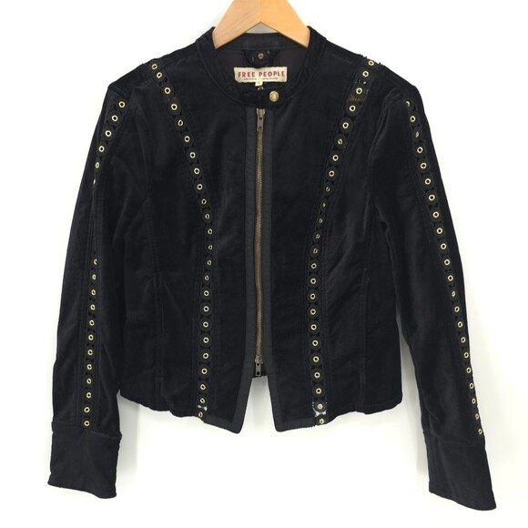 Free People Margot Black Velvet Jacket Lace Inset Grommets Regency Core Zip Up - Picture 2 of 16
